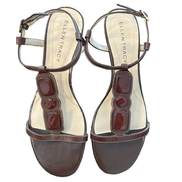 NEW Ellen Tracy Brown Strappy Jeweled Open Toe Wedge Sandal Size 7 Beachy Boho - Picture 2 of 11